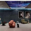Luxurious Home Theater Interior With Starry Sky Ceiling Blue Walls Sofas Decorative Paintings And Projector