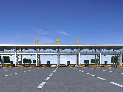 Large Toll Station Building With Multiple Lanes And Cars Under Clear Blue Sky 3d model