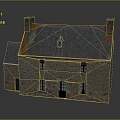 Traditional Stone House Exterior View With Grey Roof Orange Patches Chimneys Windows And Door