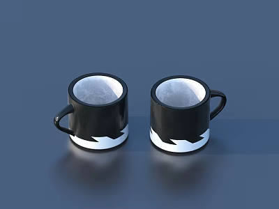 Two Modern Black and White Mugs with Wave Pattern Handle on Dark Surface 3d model