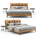 Modern Double Bed With Brown Upholstered Headboard Gray Linen And Side Table 3d model