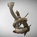 Open Mouth Dinosaur Confronting Giant Snake on Wooden Branch with Green Plant