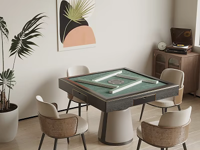 Modern Entertainment Table With Green Felt Surface Mahjong Tiles Chairs Potted Plant And Wall Art 3d model