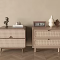 Modern Wooden Bedside Tables With Wicker Panels Clock Vases Books And Statue