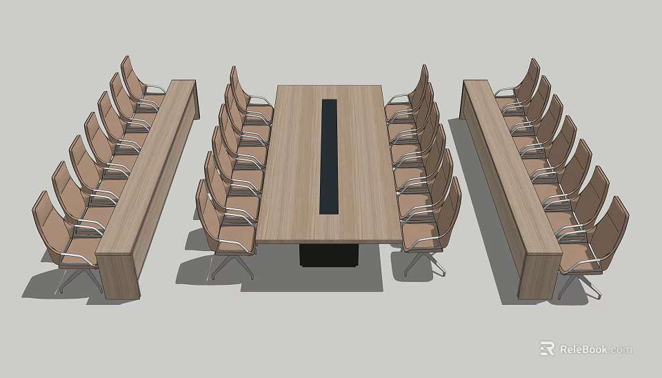 Modern Wooden Rectangular Conference Table With Multiple Chairs And Side Desks 3d model 