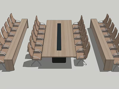 Modern Wooden Rectangular Conference Table With Multiple Chairs And Side Desks 3d model