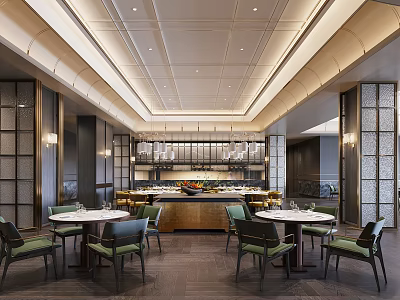 Modern Restaurant Interior Design With White Dining Tables Green Chairs Buffet Counter And Ceiling Lighting 3d model