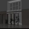 Modern Building Entrance With Large Windows Metal Doors Plants Wooden And Perforated Walls