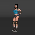 Woman In Blue Tank Top And Gray Shorts With Knee Elbow Pads And Gun