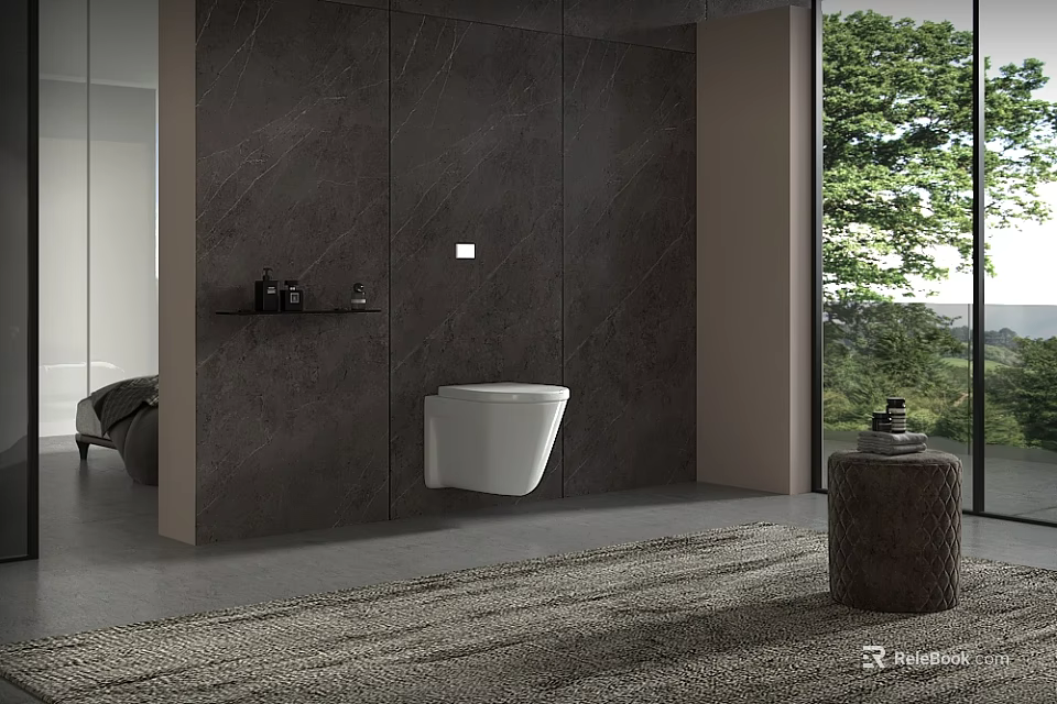 Modern Bathroom Interior Design With Dark Marble Walls Wall Mounted Toilet And Green Trees View 3d model 