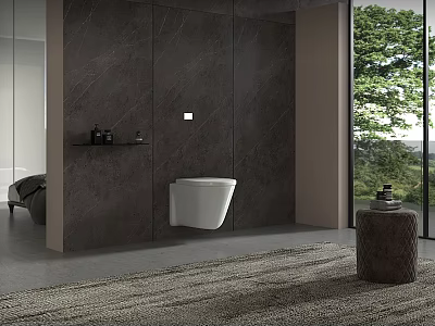 Modern Bathroom Interior Design With Dark Marble Walls Wall Mounted Toilet And Green Trees View 3d model