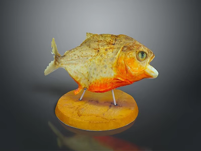 Yellow Orange Fish Shaped Decorative Household Item With Green Eyes And Round Wooden Base 3d model