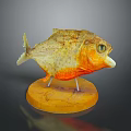Yellow Orange Fish Shaped Decorative Household Item With Green Eyes And Round Wooden Base