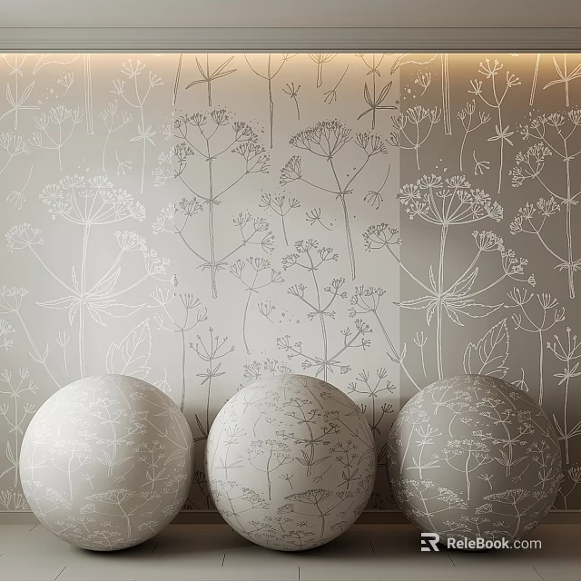 Three White Spherical Components With Plant Patterns Against Light Gray Wall With Plant Line Designs 3d model 