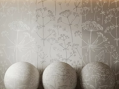Three White Spherical Components With Plant Patterns Against Light Gray Wall With Plant Line Designs 3d model