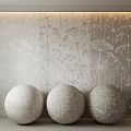 Three White Spherical Components With Plant Patterns Against Light Gray Wall With Plant Line Designs 3d model