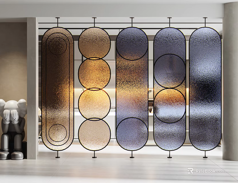 Elegant Modern Glass Partition Featuring Circular And Oval Patterns In Interior Design 3d model