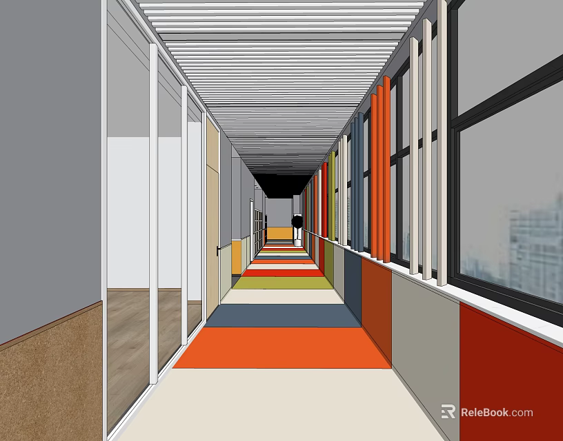Elevator Corridor with Colorful Carpet Glass Doors Windows Walls and Modern Design 3d model 