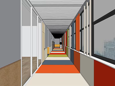 Elevator Corridor with Colorful Carpet Glass Doors Windows Walls and Modern Design 3d model