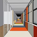 Elevator Corridor with Colorful Carpet Glass Doors Windows Walls and Modern Design