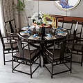 Chinese Style Round Dining Table Set With Chairs Tableware Vase And Candles 3d model