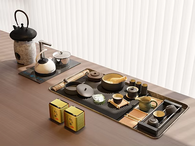 Chinese Tea Utensil Set with Teapot Cups Tray and Tea Caddies on Wooden Table 3d model