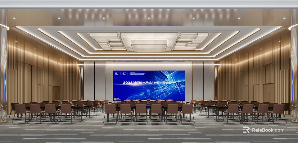 Modern Conference Room Interior With Large Screen Rows Of Chairs And Ceiling Lighting 3d model 