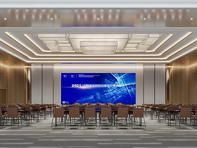 Modern Conference Room Interior With Large Screen Rows Of Chairs And Ceiling Lighting 3d model