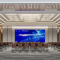 Modern Conference Room Interior With Large Screen Rows Of Chairs And Ceiling Lighting