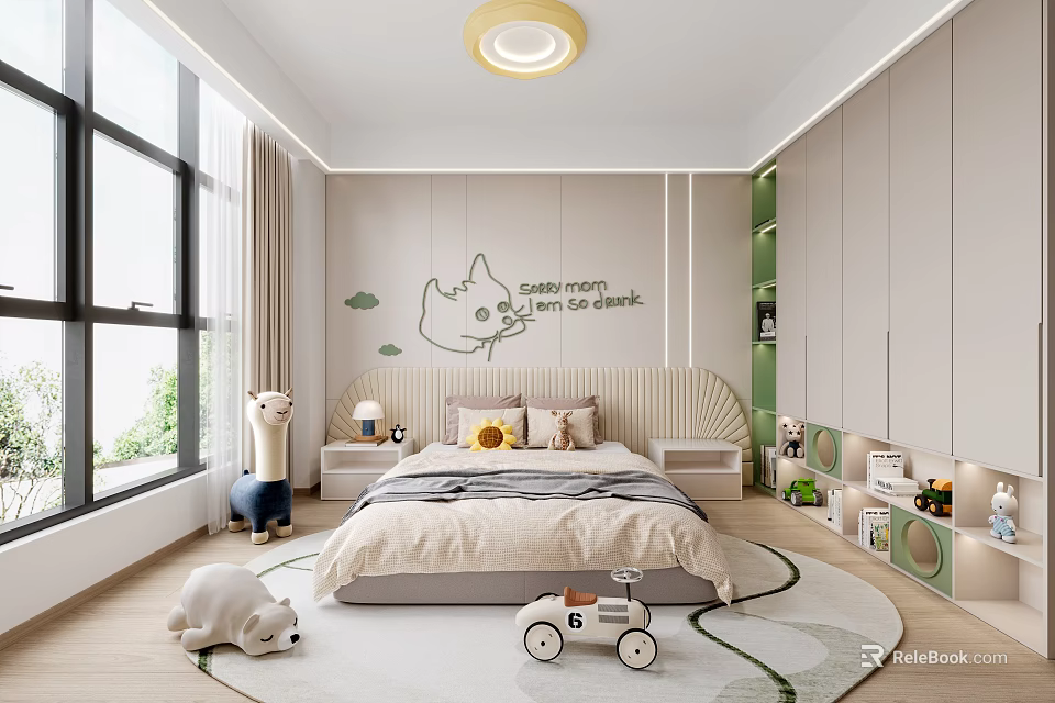 Adorable Kids Bedroom With Cute Wall Decor Bed Toys Storage And Sunlit Window 3d model 