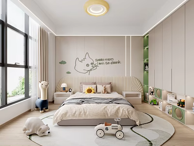 Adorable Kids Bedroom With Cute Wall Decor Bed Toys Storage And Sunlit Window 3d model