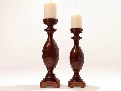Pair of Wooden Candle Holders with Lit Candles Classic Carved Design Elegant Traditional Style 3d model