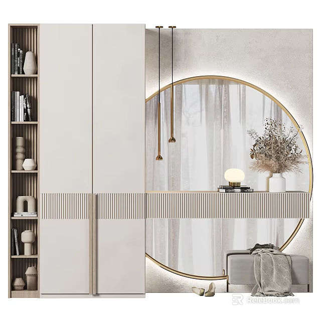 Minimalist Dressing Table With Round Gold Frame Mirror And Dried Flower Decor 3d model 