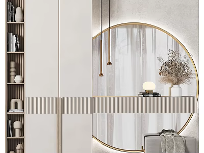 Minimalist Dressing Table With Round Gold Frame Mirror And Dried Flower Decor 3d model