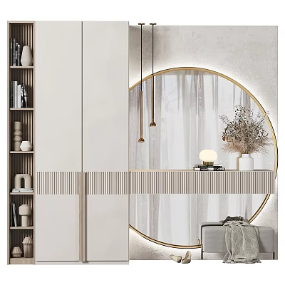Minimalist Dressing Table With Round Gold Frame Mirror And Dried Flower Decor 3d model