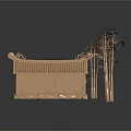 Cartoon Traditional Chinese Building with Tiled Roof Carved Windows Decorative Eaves Bamboo and Reflection