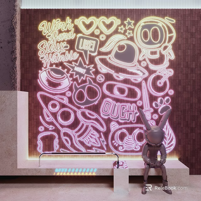 Bright Neon Decorative Lights With Cartoon Rocket Space Elements And Rabbit Figure Wall Decor 3d model