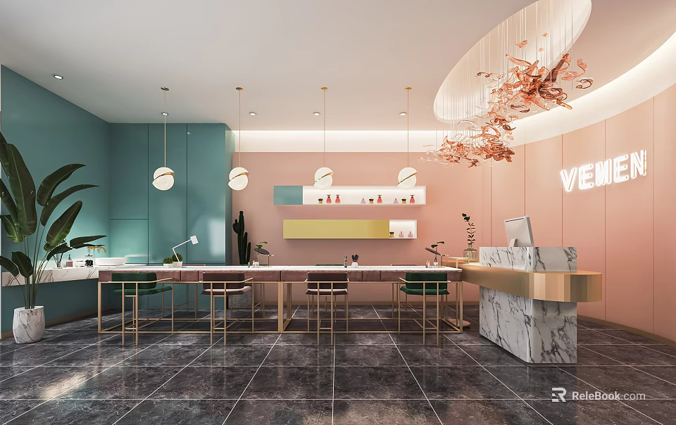 Elegant Modern Beauty Salon Interior With Blue Walls Pink Reception Marble Countertop And Gold Accents 3d model 