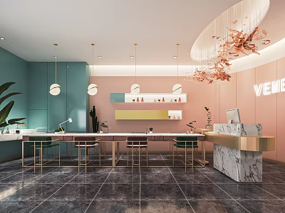 Elegant Modern Beauty Salon Interior With Blue Walls Pink Reception Marble Countertop And Gold Accents 3d model