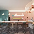 Elegant Modern Beauty Salon Interior With Blue Walls Pink Reception Marble Countertop And Gold Accents