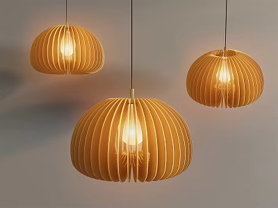 Wooden Dome Shaped Pendant Lights With Striped Design And Light Glowing Through Gray Wall Background 3d model
