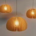 Wooden Dome Shaped Pendant Lights With Striped Design And Light Glowing Through Gray Wall Background