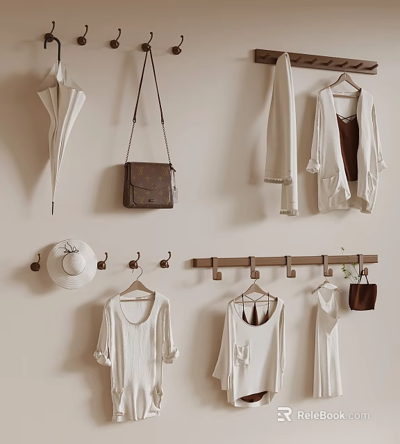 Minimalist Home Clothes Display With Hanging Bags Hats And Hooks On Wall 3d model 