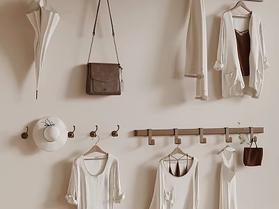 Minimalist Home Clothes Display With Hanging Bags Hats And Hooks On Wall 3d model
