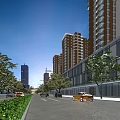 Modern Commercial Street With High Rise Buildings Green Trees And Vehicles