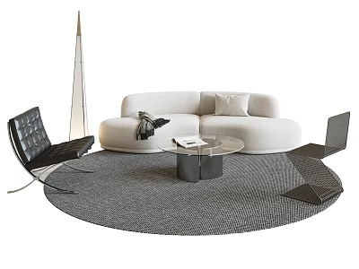 Modern White Curved Sofa And Round Coffee Table Set With Gray Round Rug Black Chair Floor Lamp 3d model