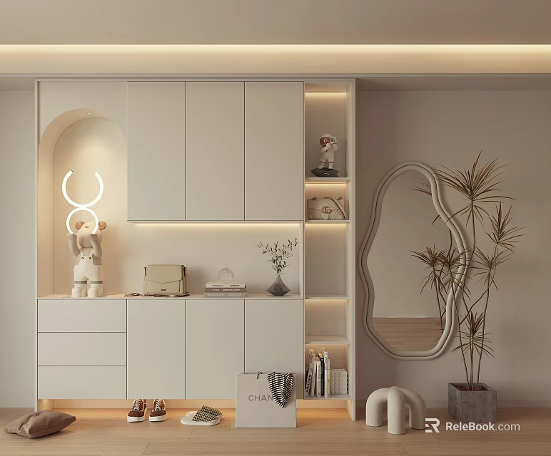 Modern White Shoe Cabinet Design With Storage Drawers Mirror And Decorative Plants 3d model 