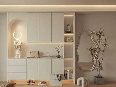 Modern White Shoe Cabinet Design With Storage Drawers Mirror And Decorative Plants 3d model
