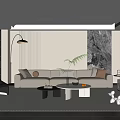 Modern Living Room Interior With Beige Sofa Black Armchair Coffee Tables And Floor Lamp