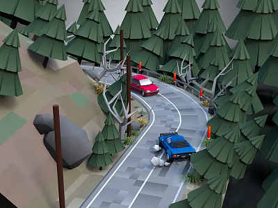 Modern Forest Road Scene With Winding Path Red Car And Blue Truck 3d model